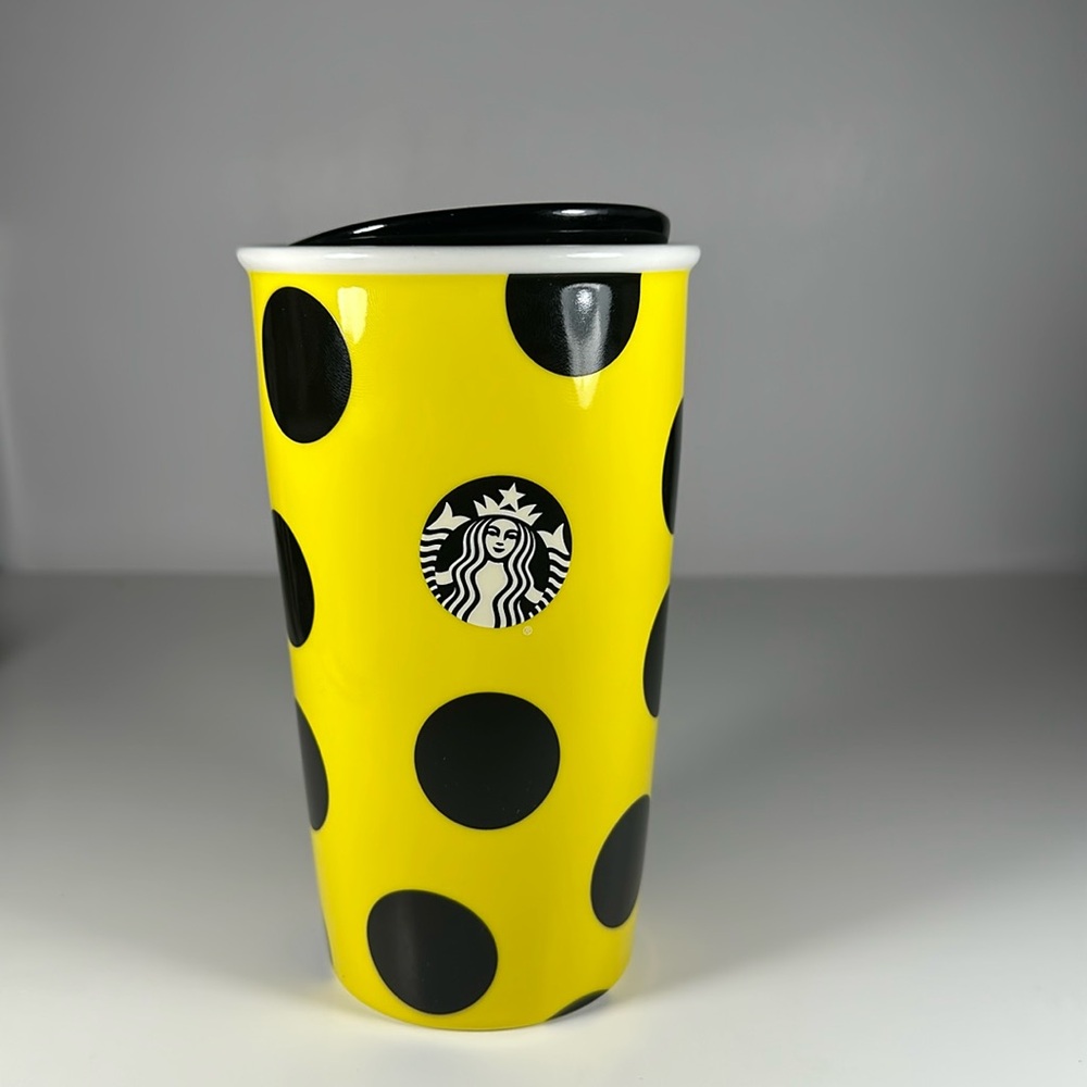 Starbucks 2015 Citron Yellow Polka Dot Ceramic Tumbler Travel Coffee Mug 12oz